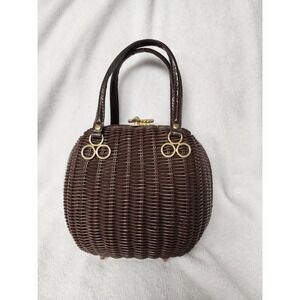 VTG 1950s Bonwit Teller Dark Brown Wicker Handbag Double Handles Gold Hardware